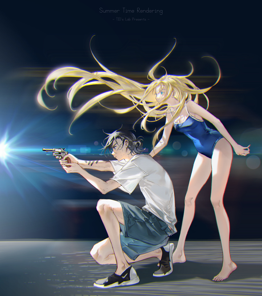 1boy 1girl aiming ajiro_shinpei bangs bare_legs barefoot black_eyes black_hair blonde_hair blue_eyes blue_shorts blue_swimsuit breasts casual chromatic_aberration cleavage closed_mouth commentary copyright_name english_commentary floating_hair gun hand_on_another's_back highres holding holding_gun holding_weapon kobune_ushio legs legs_apart lens_flare light light_rays long_hair medium_breasts messy_hair one_knee parted_lips revolver serious shadow shirt shoes short_hair shorts spaghetti_strap standing summertime_render swimsuit tattoo tidsean v-shaped_eyebrows weapon white_shirt