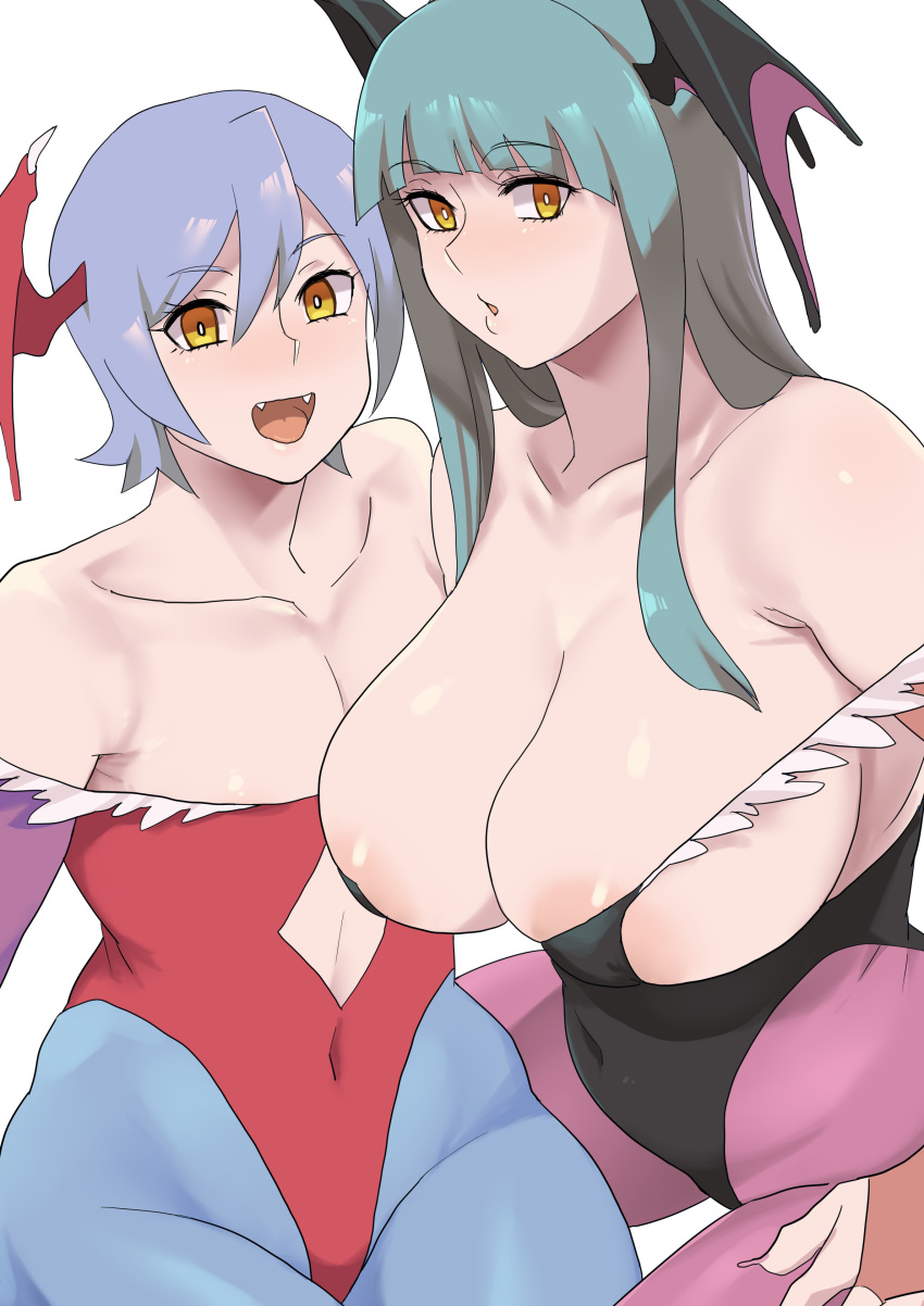 2girls absurdres areola_slip areolae bat_wings black_wings demon_girl demon_wings head_wings highres leotard lilith_aensland looking_at_viewer minakami_(flyingman555) morrigan_aensland multiple_girls navel open_mouth pantyhose red_wings siblings sisters thick_thighs thighs vampire_(game) white_background wings yellow_eyes