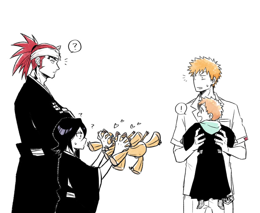 ! 3boys ? abarai_renji black_hair black_hakama bleach catch choko_egg crossed_arms dual_persona full_body hakama headband heart high_ponytail highres holding holding_person holding_stuffed_toy japanese_clothes kon kuchiki_rukia kurosaki_ichigo kurosaki_kazui long_hair looking_at_another multiple_boys orange_hair pants ponytail red_hair short_hair speech_bubble standing stuffed_animal stuffed_lion stuffed_toy sweatdrop tattoo time_paradox white_background