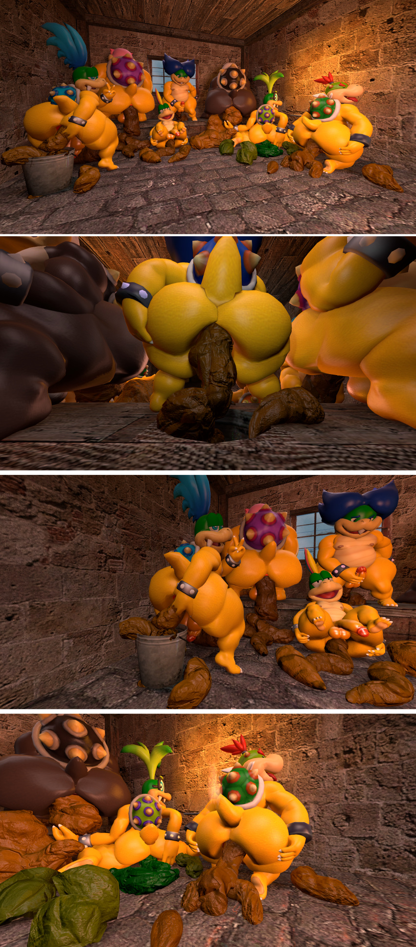 3d_(artwork) absurd_res anthro anus ass_up big_butt bowser_jr. bracelet bucket butt butt_focus butt_grab buttlove chubby_male clothed clothing collar constipation container crouching digital_media_(artwork) dragon dump excessive_feces feces genitals group hand_on_butt hand_on_hip hand_on_penis hi_res holding_feces huge_butt huge_hips huge_thighs hyper hyper_feces iggy_koopa jewelry kneeling koopa koopaling larry_koopa lemmy_koopa looking_at_viewer looking_back looking_pleasured ludwig_von_koopa male mario_bros metal_collar morton_koopa_jr. nintendo nude overweight partially_clothed penis pile pooping pooping_on_another pooping_on_floor presenting presenting_anus presenting_hindquarters prince rear_shot rear_view relieved reptile roy_koopa royalty scalie scat shell slightly_chubby source_filmmaker spread_butt spreading tecbuttlovefa thick_thighs turtle video_games