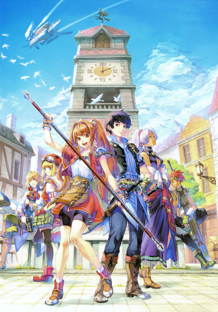 3boys 3girls absurdres agate_crosner aircraft bike_shorts bird black_hair blonde_hair boots brown_hair clock clock_tower crossed_legs day eiyuu_densetsu estelle_bright goggles goggles_on_head hat headband high_ponytail highres holding holding_polearm holding_weapon joshua_bright long_hair multiple_boys multiple_girls non-web_source official_art olivert_reise_arnor open_mouth outdoors polearm purple_hair red_hair sandals scan scherazard_harvey sheath sheathed short_hair sitting smile sora_no_kiseki standing sword tita_russell tower town weapon