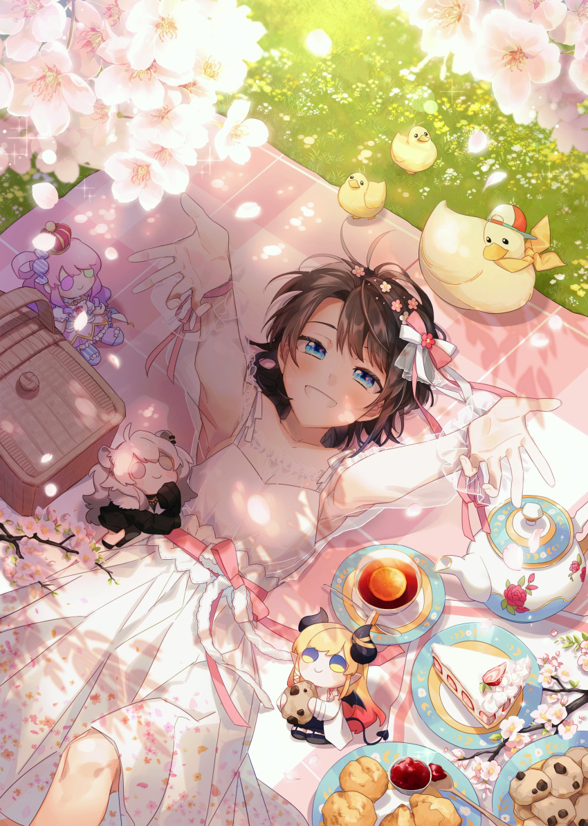 1girl absurdres alternate_costume bangs bird black_hair blanket blue_eyes blush breasts cake character_doll cleavage commentary cookie cream_puff cup dappled_sunlight day dress duck feet_out_of_frame flower food foreshortening from_above fruit grass grin hair_flower hair_ornament hair_ribbon highres himemori_luna hololive jam looking_at_viewer lying medium_breasts on_back ooo0917 oozora_subaru outdoors outstretched_arms petals picnic picnic_basket pink_ribbon plate ribbon see-through see-through_dress see-through_sleeves shishiro_botan short_hair smile solo strawberry subaru_duck sunlight swept_bangs symbol-only_commentary teacup teapot virtual_youtuber white_dress wrist_ribbon yuzuki_choco