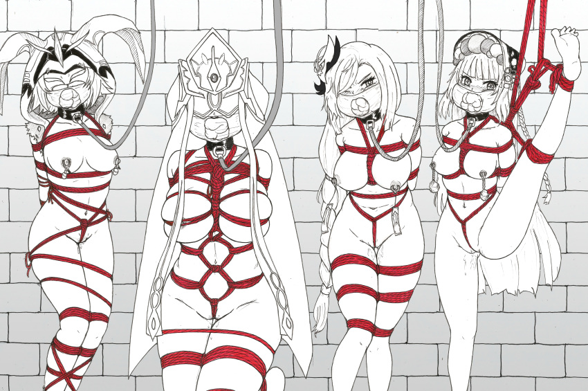 4girls absurdres arm_behind_back bdsm between_breasts black_choker blush bondage bound bound_arms bound_legs bound_together breast_bondage breasts choker cicin_mage_(genshin_impact) clothes_gag crotch_rope dungeon ecchinoidea gag gagged genshin_impact headwear_request highres improvised_gag kidnapped leash leg_up looking_at_another looking_at_viewer mirror_maiden_(genshin_impact) moontraveller multiple_girls nipple_bondage nipple_clamps nipple_piercing nipple_tweak nipples no_bra no_panties nude panties panty_gag piercing red_rope restrained rope shenhe_(genshin_impact) shibari underwear yun_jin_(genshin_impact)