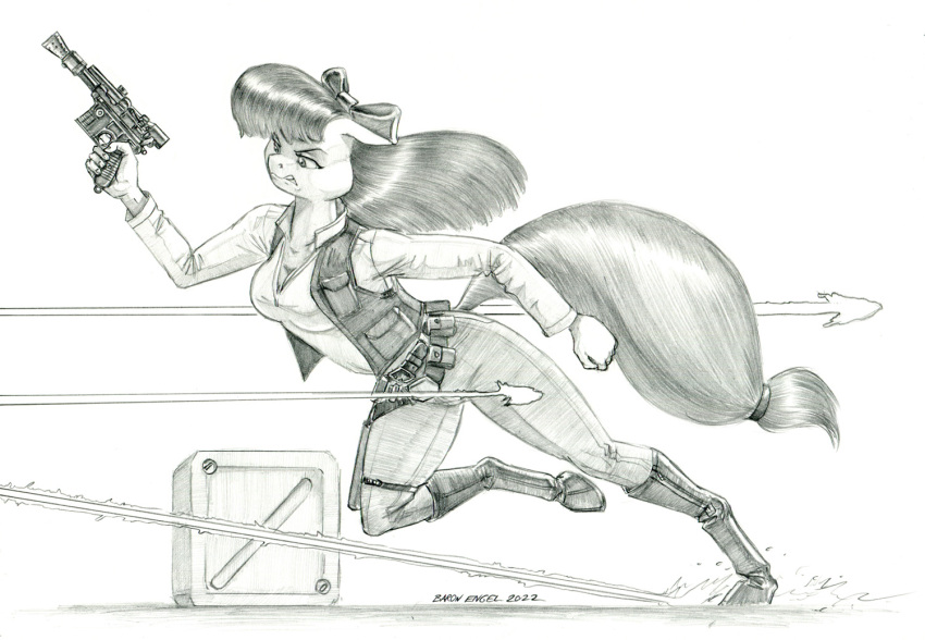 2022 accessory aged_up anthro apple_bloom_(mlp) baron_engel belt blaster boots breasts clenched_teeth clothing crossover ears_down earth_pony equid equine eyebrows female footwear friendship_is_magic graphite_(artwork) greyscale hair hair_accessory hair_bow hair_ribbon han_solo hasbro horse long_hair mammal monochrome my_little_pony pencil_(artwork) pivoted_ears pony ribbons running solo star_wars teeth topwear traditional_media_(artwork) vest weapon