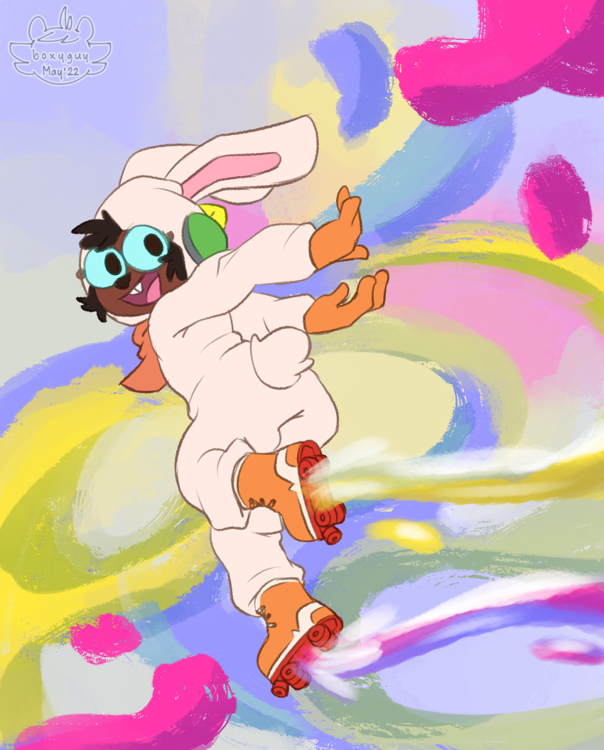 bunny_costume clothed clothing costume fur hair hi_res lagomorph leporid looking_at_viewer mammal nutty_bo rabbit rollerskates simple_background skating smile