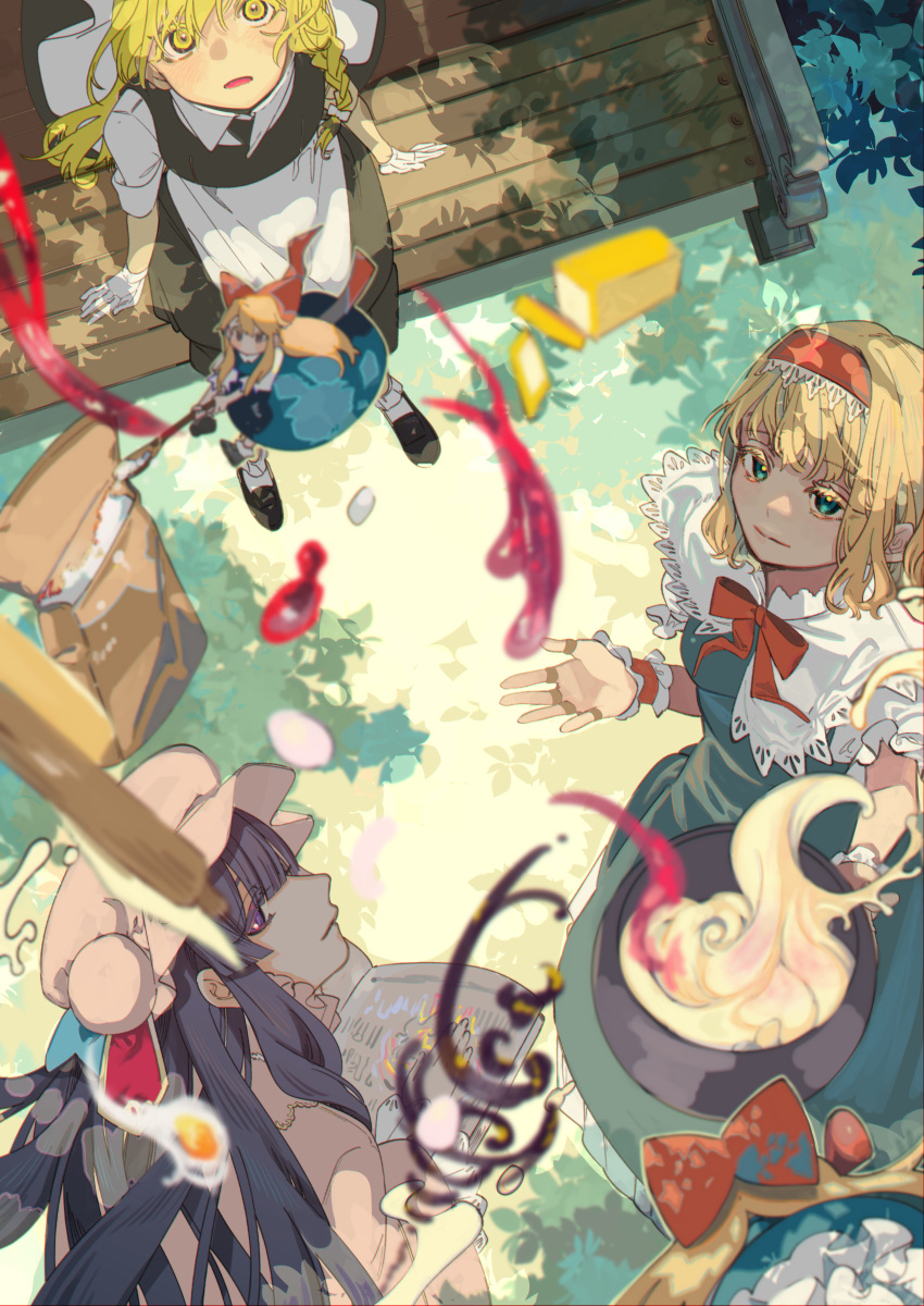3girls absurdres alice_margatroid apron black_headwear black_vest blonde_hair blue_dress blue_eyes blue_ribbon blush book bow bowtie braid break capelet closed_mouth collared_shirt commentary commission cream dress from_above gloves grass hairband hat hat_ribbon highres holding holding_book jam kirisame_marisa long_hair looking_up mob_cap multiple_girls on_bench open_book outdoors patchouli_knowledge pink_dress pink_headwear pot purple_eyes purple_hair red_bow red_bowtie red_hairband red_ribbon ribbon shanghai_doll shi_chimi shirt short_hair sideways_glance single_braid sitting skeb_commission skirt skirt_set touhou very_long_hair vest waist_apron white_apron white_capelet white_gloves white_shirt witch_hat wrist_cuffs yellow_eyes