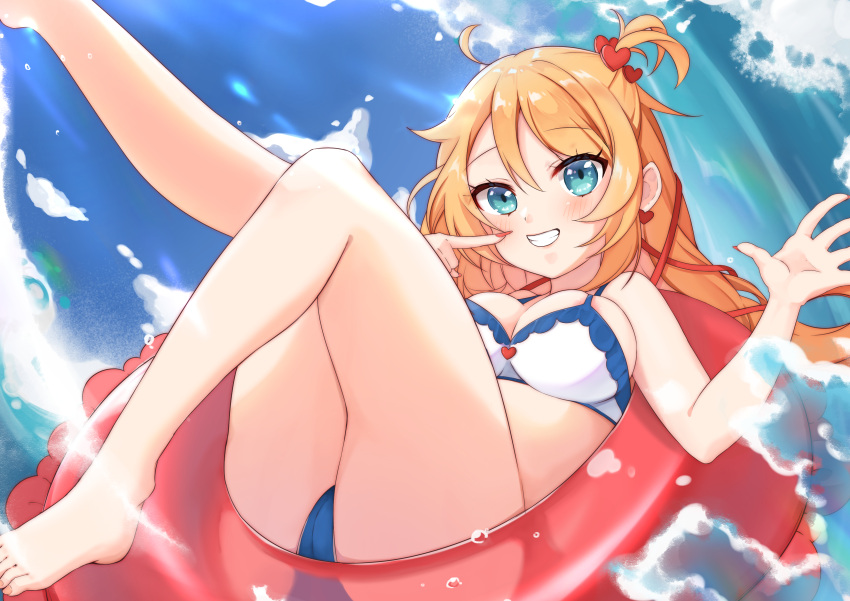 1girl absurdres ahoge akai_haato areola_slip areolae atsuki_(pink0930cat) bangs bare_arms bare_legs barefoot bikini blonde_hair blue_eyes blush cameltoe cheek_poking earrings eyebrows_visible_through_hair grin hair_ornament hair_ribbon heart heart_hair_ornament highres hololive index_finger_raised innertube jewelry knees_up long_hair nail_polish ocean poking ribbon side_ponytail sky smile solo spread_fingers swimsuit waves