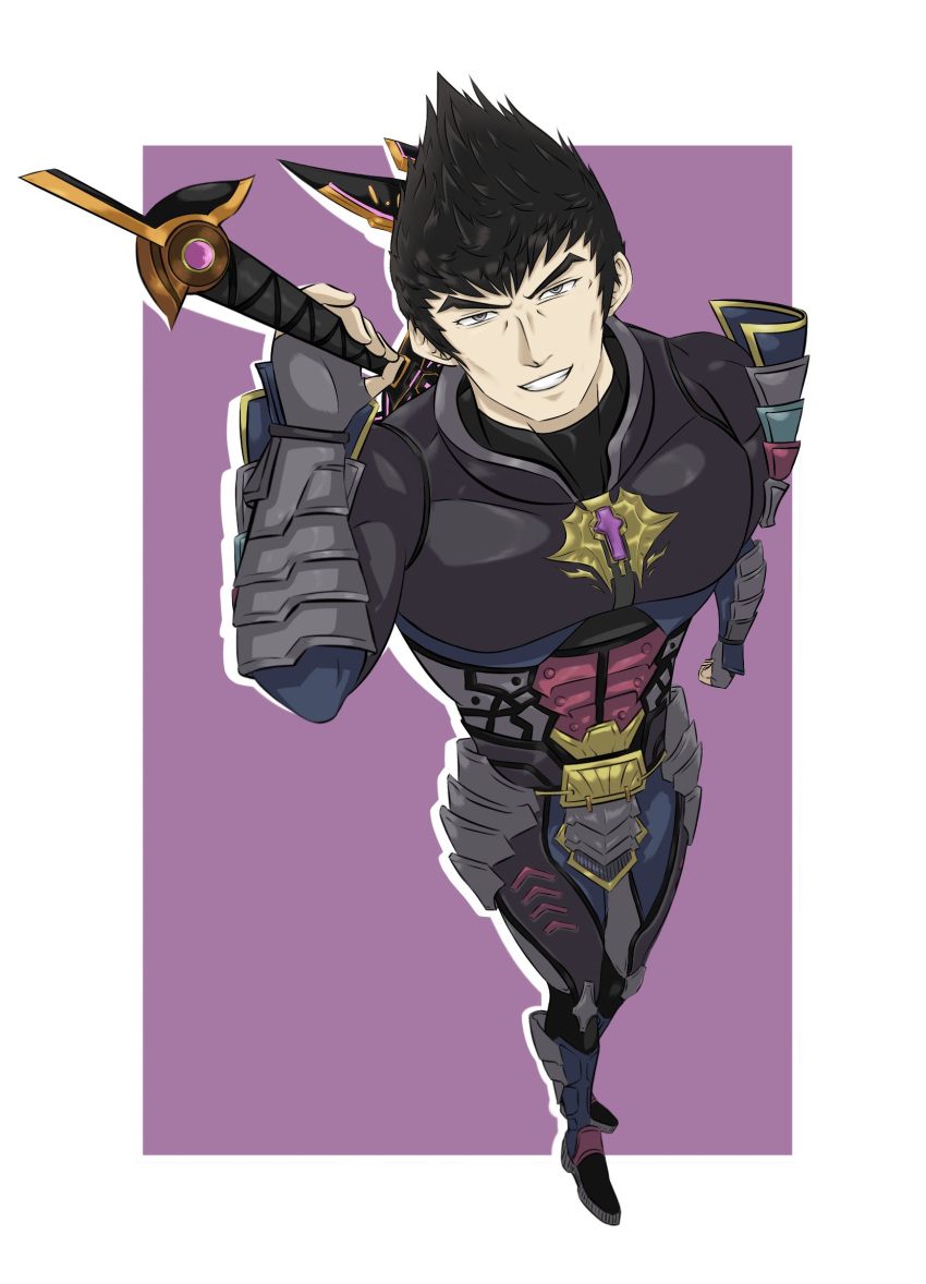 armor black_armor black_hair black_legwear black_undershirt crotch_plate ememtrp gauntlets gem gold_trim grey_eyes highres malos_(xenoblade) muscular muscular_male self_upload simple_background smile spiked_hair sword weapon xenoblade_chronicles_(series) xenoblade_chronicles_2