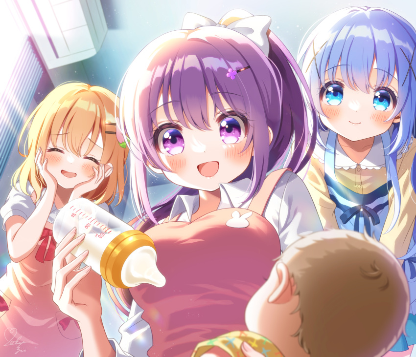 3girls :d ^_^ absurdres air_conditioner baby baby_bottle bangs blue_eyes blue_hair blush bottle bow closed_eyes commentary_request day eyes_visible_through_hair gochuumon_wa_usagi_desu_ka? hair_between_eyes hair_bow hair_ornament hairclip hands_on_own_cheeks hands_on_own_face highres hoto_cocoa indoors kafuu_chino large_penis leaning_forward long_hair long_sleeves mozukun43 multiple_girls open_mouth orange_hair penis ponytail puffy_short_sleeves puffy_sleeves purple_eyes purple_hair short_sleeves signature smile sunlight tedeza_rize white_bow x_hair_ornament