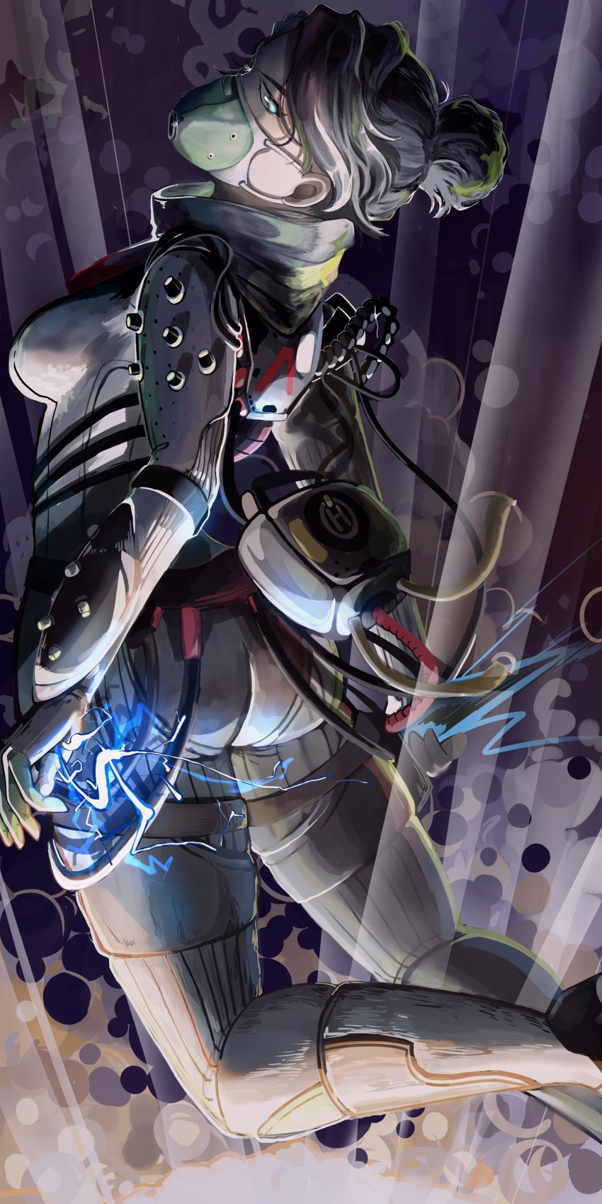 1girl absurdres apex_legends black_hair black_headwear blue_eyes bodysuit cable electricity floating from_side gloves hair_behind_ear hair_bun highres mask mouth_mask official_alternate_costume quarantine_722_wraith solo white_bodysuit white_gloves wraith_(apex_legends) zunmari