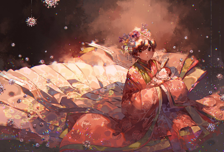 1girl baby brown_eyes brown_hair closed_eyes closed_fan diamond_(gemstone) earrings flower folding_fan full_body hair_between_eyes hair_flower hair_ornament hand_fan hinamatsuri holding_baby japanese_clothes jewelry kanzashi karaginu_mo kawacy kimono kneeling layered_clothing layered_kimono looking_at_viewer open_mouth original red_kimono sleeves_past_wrists wide_sleeves