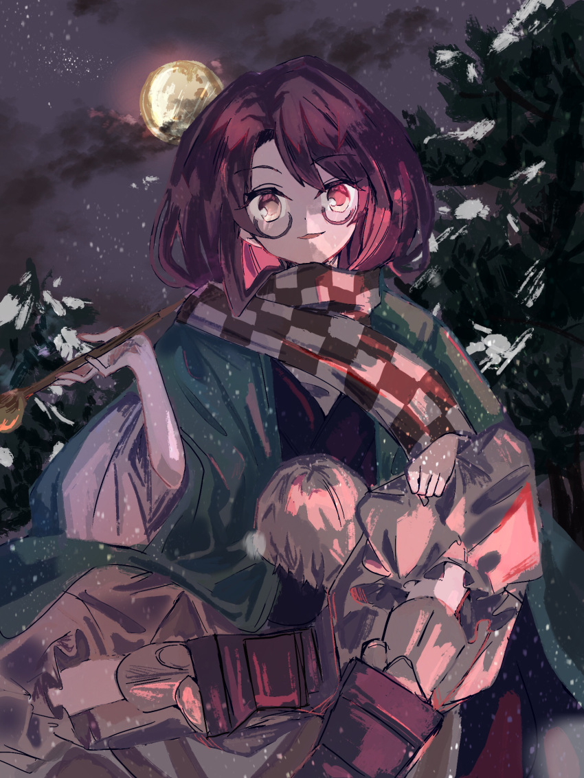 1girl baggy_pants boots brown_pants checkered_clothes checkered_scarf cloud commentary commentary_request dark_clouds eyebrows_visible_through_hair forest full_moon futatsuiwa_mamizou futatsuiwa_mamizou_(human) glasses green_kimono hand_on_own_knee highres holding holding_smoking_pipe japanese_clothes kimono looking_at_viewer medium_hair moon nature open_mouth outdoors pants pom_pom_(clothes) purple-framed_eyewear purple_footwear purple_hair scarf sitting smile smoking_pipe snowing solo sutaku77224 touhou tree wide_sleeves