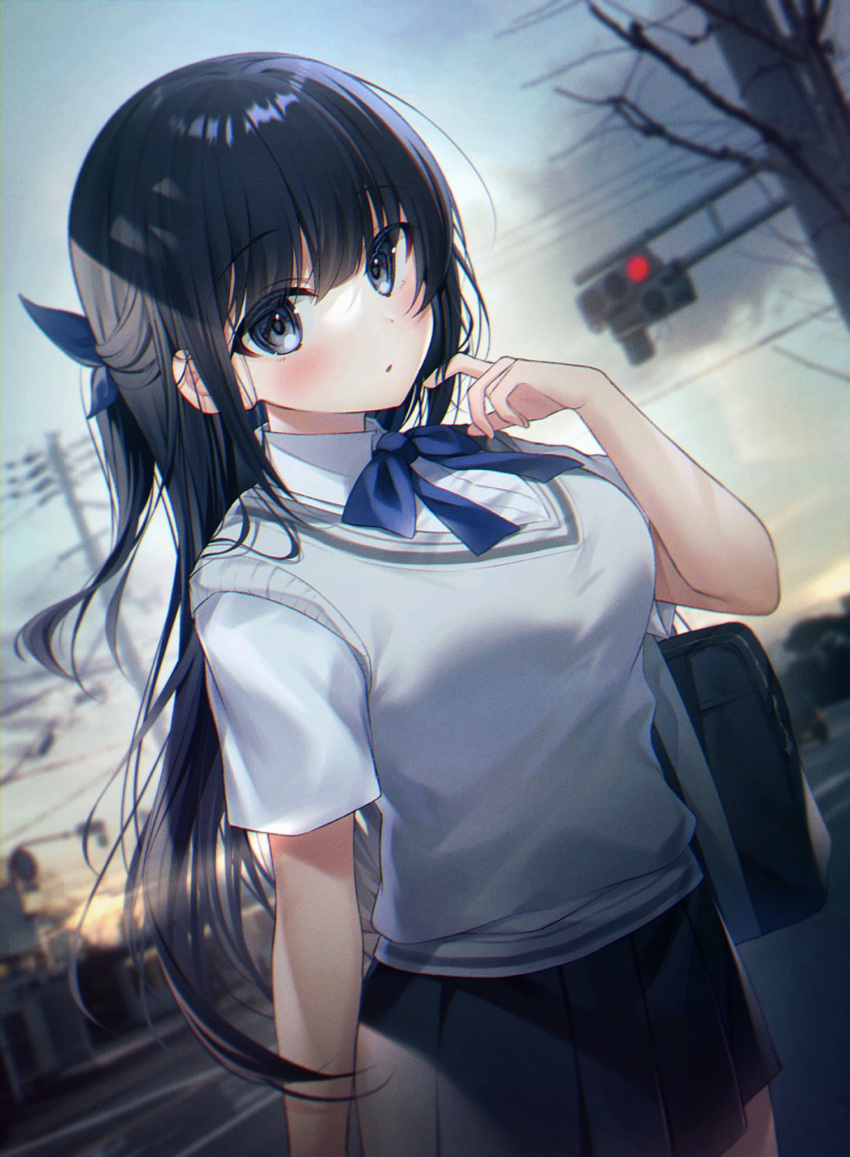 1girl bag bangs black_hair black_skirt blurry blurry_background blush bow bowtie breasts collared_shirt commentary_request dutch_angle eyebrows_visible_through_hair gyozanuko hand_up highres long_hair looking_at_viewer original outdoors parted_lips pleated_skirt ribbon school_bag school_uniform shirt short_sleeves skirt solo very_long_hair white_shirt