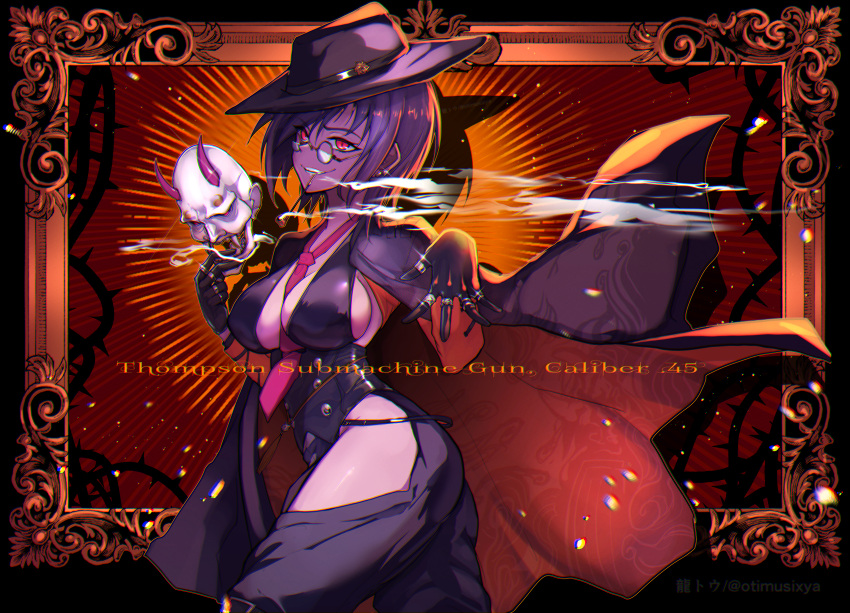 1girl absurdres bangs between_breasts black_cape black_gloves black_headwear black_pants black_vest breasts cape character_name english_text eyebrows_visible_through_hair feet_out_of_frame girls'_frontline glasses gloves highres holding holding_mask jewelry kiseru long_hair looking_at_viewer looking_to_the_side mask medium_breasts necktie necktie_between_breasts official_alternate_costume open_mouth pants pipe_in_mouth purple_hair red_eyes red_necktie ring ryuu_tou sideboob smile smoke smoking_pipe solo standing teeth thompson_(girls'_frontline) thompson_(infernal_hannya)_(girls'_frontline) twitter_username vest