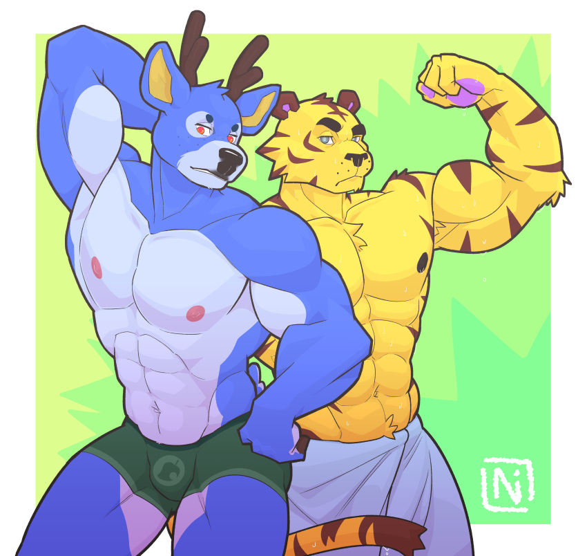 2022 abs absurd_res animal_crossing anthro antlers bam_(animal_crossing) barazoku biceps big_muscles border cervid clothing duo eyebrows felid flexing fur green_background hand_behind_head hi_res horn logo looking_at_viewer male mammal muscular muscular_anthro muscular_male narrowed_eyes navel ni_draw nintendo nipples obliques pantherine pecs simple_background standing tiger towel tuft tybalt_(animal_crossing) underwear video_games watermark white_border