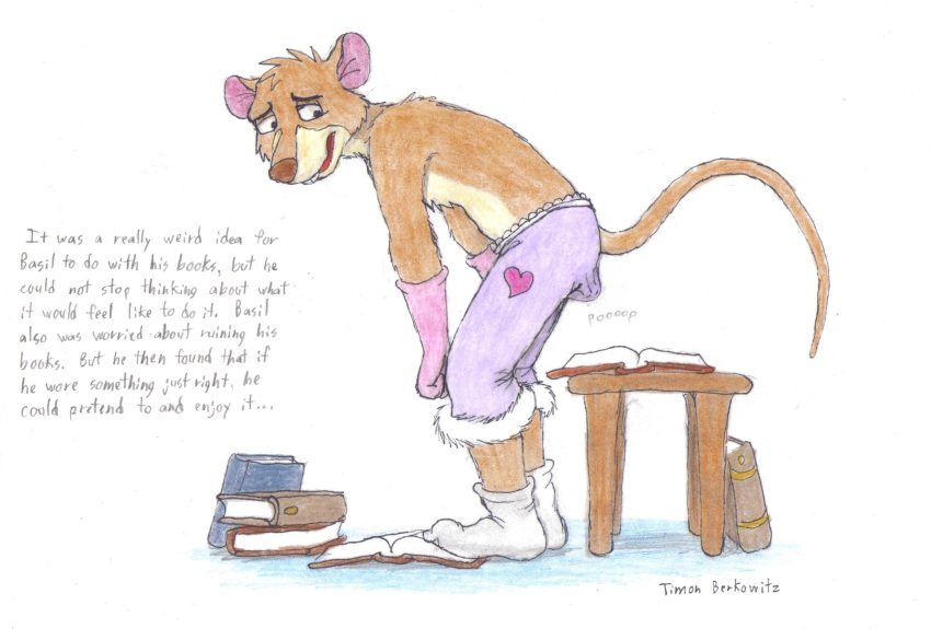 anthro basil_(disney) book bulge clothed clothing crossdressing disney english_text feces footwear girly gloves handwear hi_res lace looking_back male mammal mouse murid murine pained_expression pooping_self raised_tail rodent scat socks soiling solo text the_great_mouse_detective timon-berkowitz