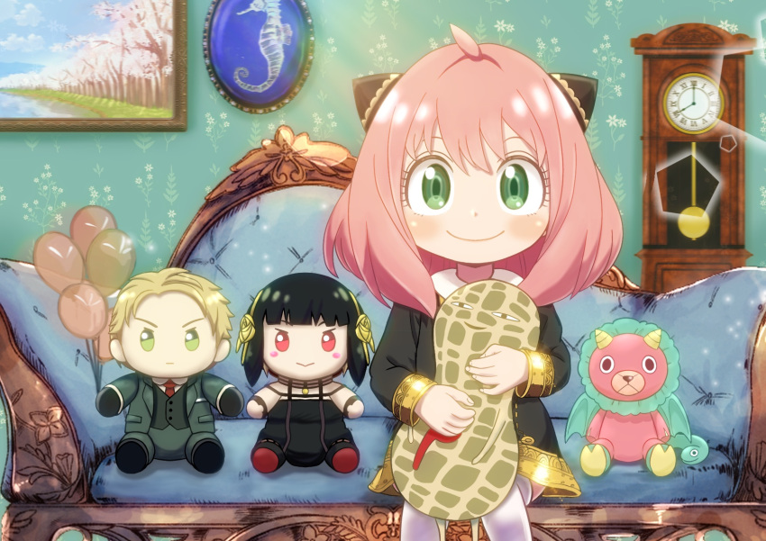 1boy 2girls ahoge anya_(spy_x_family) asukamama89 balloon bangs blush_stickers character_doll child clock couch director_chimera_(spy_x_family) dress grandfather_clock green_eyes hair_cones highres looking_at_viewer medium_hair multiple_girls painting_(object) peanut pink_hair sitting smile spy_x_family stuffed_toy thighhighs twilight_(spy_x_family) wallpaper_(object) yor_briar