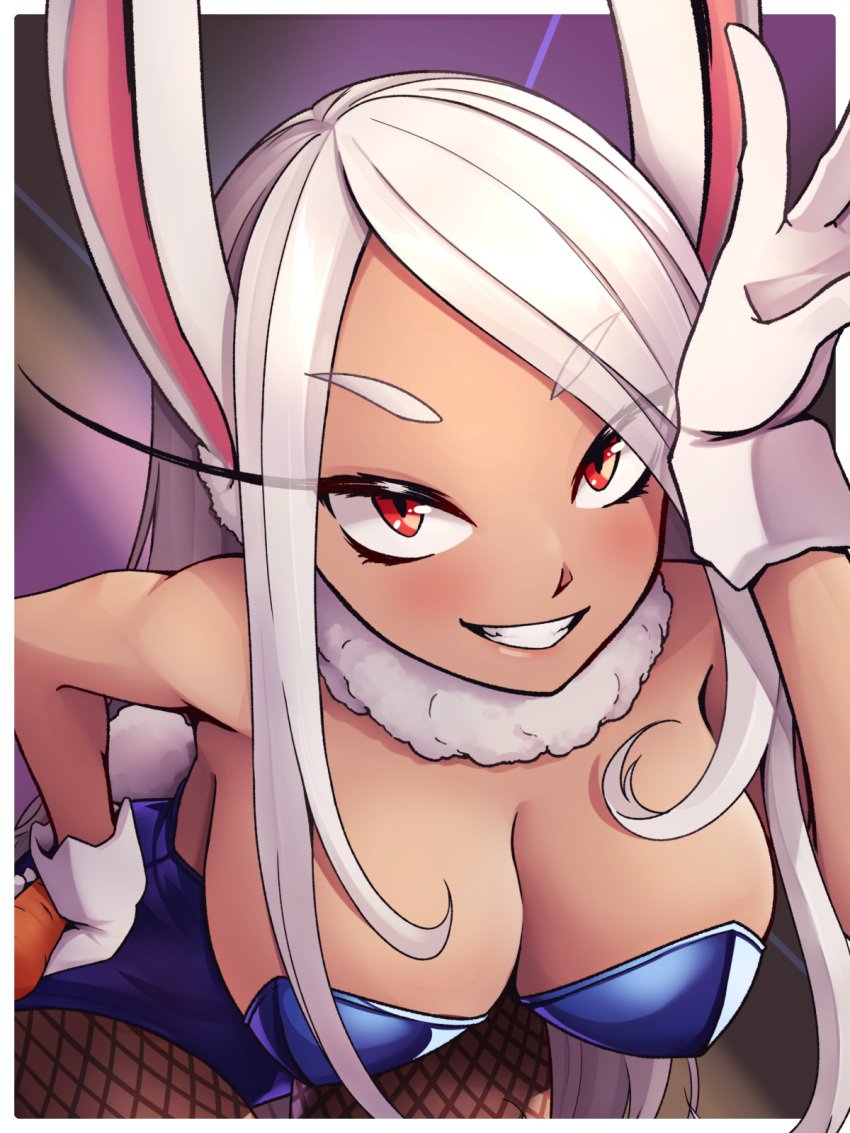 1girl animal_ears bangs blush boku_no_hero_academia breasts carrot dark-skinned_female dark_skin detached_collar eyelashes fishnet_legwear fishnets fur_collar gloves grin hair_over_shoulder hand_on_hip hand_on_own_forehead highres holding holding_carrot large_breasts leaning_forward long_eyelashes long_hair looking_at_viewer mirko narrowed_eyes orange_eyes pankeiki parted_bangs playboy_bunny rabbit_ears rabbit_girl rabbit_tail smile solo tail thick_eyebrows v-shaped_eyebrows w white_hair