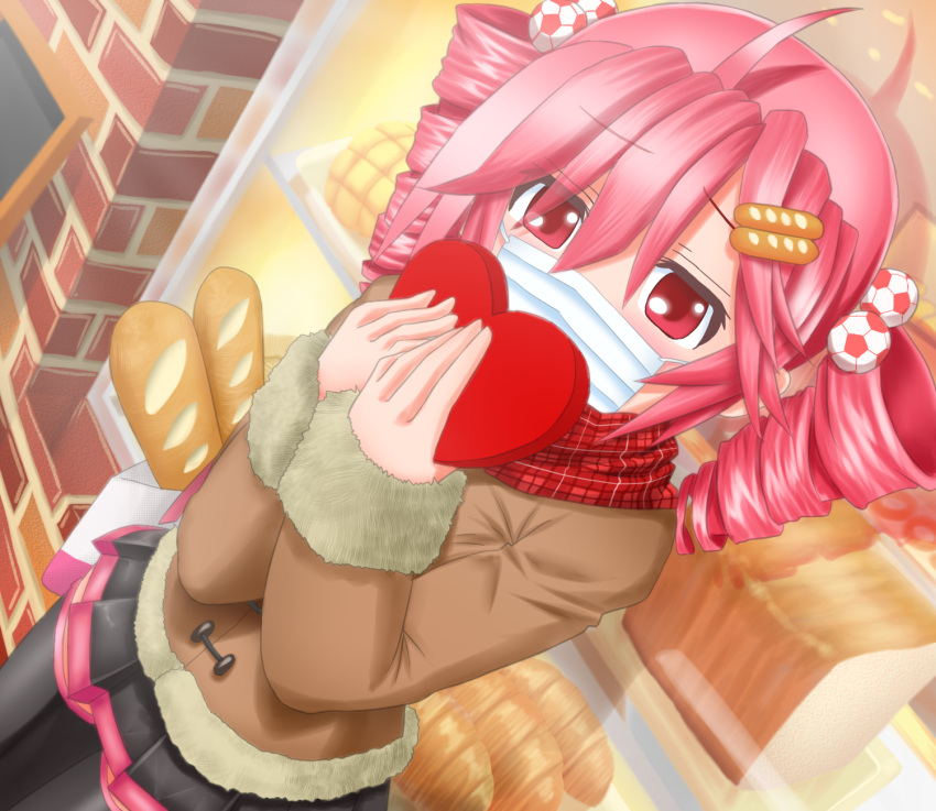 1girl ahoge baguette bakery bangs blush box bread coat covered_mouth drill_hair duffel_coat eyebrows_visible_through_hair food food-themed_hair_ornament from_above fur_trim hair_bobbles hair_ornament heart-shaped_box highres holding holding_box jitome kasane_teto kazu-chan leaning_back looking_at_viewer looking_up mask medium_hair mouth_mask pink_eyes pink_hair plaid plaid_scarf pleated_skirt scarf shop skirt solo surgical_mask thighhighs tote_bag twin_drills utau valentine window zettai_ryouiki