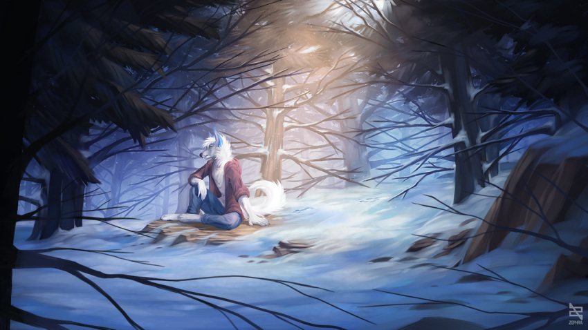 16:9 2022 5_fingers anthro canid canine canis day detailed_background digital_media_(artwork) domestic_dog fingers forest fur male mammal outside plant sitting snow solo tree white_body white_fur widescreen zephra