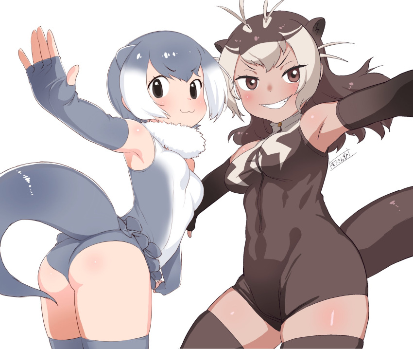 2girls :3 animal_ears bare_shoulders blush brown_eyes brown_gloves brown_hair brown_legwear brown_swimsuit elbow_gloves extra_ears eyebrows_visible_through_hair fingerless_gloves fur_collar giant_otter_(kemono_friends) gloves grey_gloves grey_hair grey_legwear grey_swimsuit high_collar highres kemono_friends long_hair masuyama_ryou multicolored_hair multiple_girls one-piece_swimsuit otter_ears otter_girl otter_tail short_hair sidelocks sleeveless small-clawed_otter_(kemono_friends) swimsuit tail thighhighs two-tone_hair two-tone_swimsuit white_fur white_hair white_swimsuit zettai_ryouiki zipper