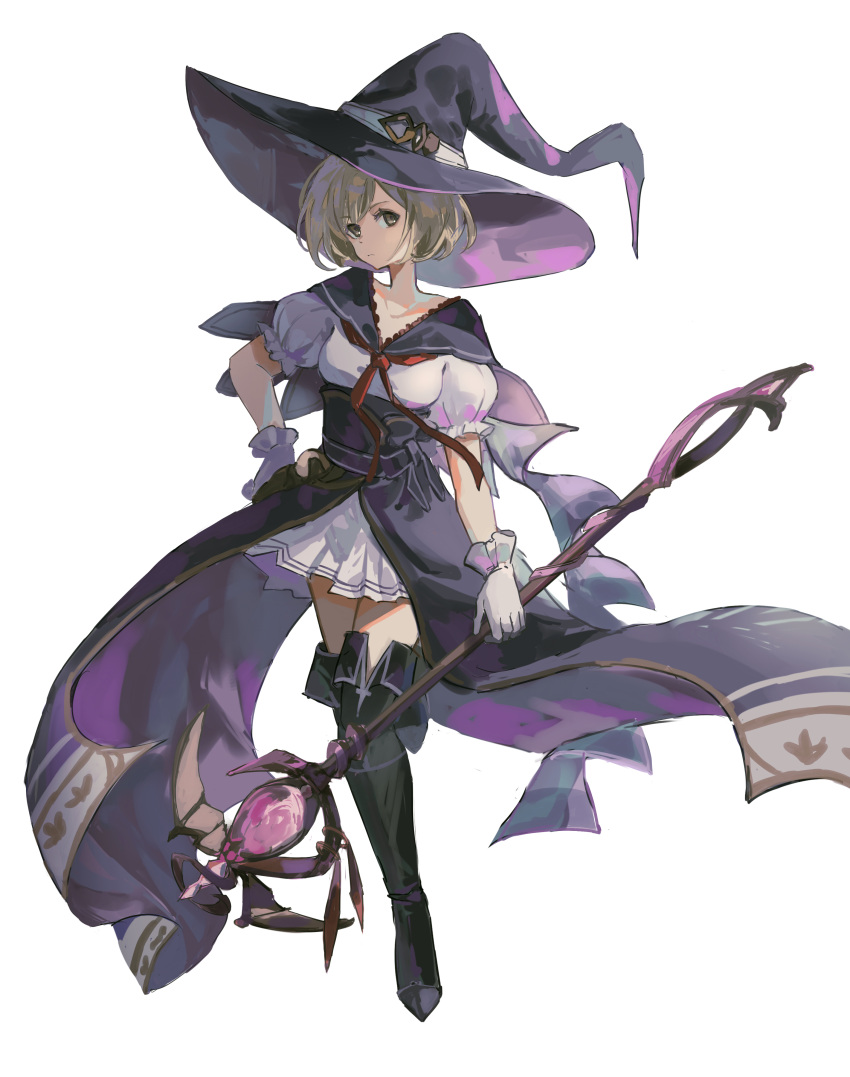 1girl absurdres aco_gbfg black_footwear blonde_hair boots breasts commentary djeeta_(granblue_fantasy) full_body gloves granblue_fantasy hand_on_hip hat highres holding holding_staff looking_at_viewer neckerchief puffy_short_sleeves puffy_sleeves purple_headwear red_neckerchief sash shirt short_hair short_sleeves small_breasts solo staff thigh_boots thighhighs waist_cape warlock_(granblue_fantasy) white_gloves white_shirt witch_hat yellow_eyes