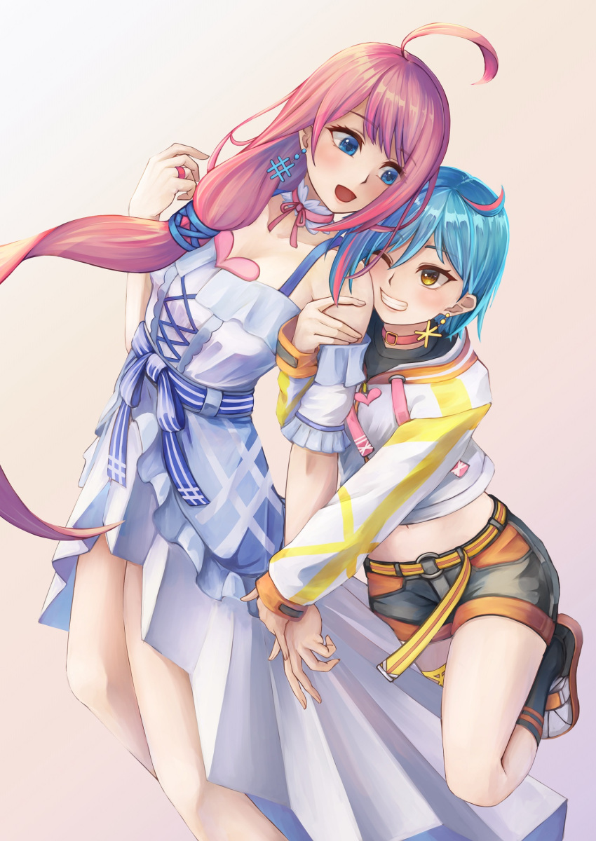 2girls :d ahoge ai-pii_(kizuna_ai) aira_(qwedcxza49) bangs bare_shoulders belt black_legwear black_shorts blue_belt blue_hair choker clenched_teeth collar collarbone commentary_request cropped_hoodie dress earrings eyebrows_visible_through_hair gradient gradient_background hashtag highres holding_another's_arm hood hoodie jewelry kizuna_ai_inc. light_blush long_hair long_sleeves love-chan_(kizuna_ai) love-pii_channel low-tied_long_hair multicolored_hair multiple_girls one_eye_closed open_mouth pink_collar pink_hair shoes short_hair shorts simple_background smile sneakers streaked_hair teeth thigh_strap very_long_hair virtual_youtuber white_choker white_dress white_footwear white_hoodie yellow_belt yellow_eyes