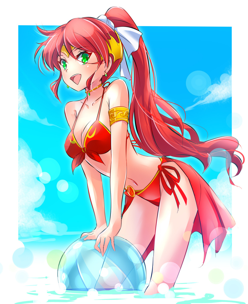 1girl :d armlet ball beach beachball bikini blue_sky border cloud cloudy_sky commentary_request day earrings floating_hair forehead_protector gold_choker gold_trim green_eyes halterneck highres iesupa jewelry leaning_forward lens_flare long_hair looking_at_viewer navel open_mouth outdoors outside_border ponytail pyrrha_nikos red_hair rwby side-tie_bikini sky smile solo stomach swimsuit teeth upper_teeth wading white_border