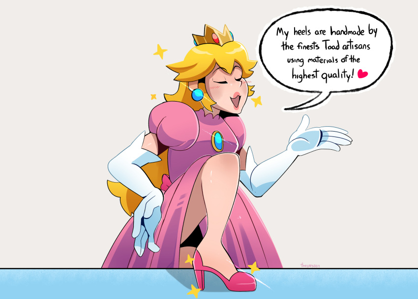 1girl blush crown dress earrings elbow_gloves english_commentary english_text gloves high_heels highres jewelry mario_(series) open_mouth pink_dress pink_footwear princess_peach smile solo sparkle speech_bubble thegreyzen white_gloves