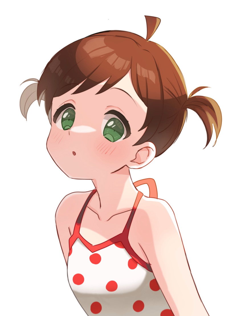 ahoge bangs blush brown_hair collarbone commentary_request eyebrows_visible_through_hair flat_chest green_eyes highres idolmaster idolmaster_million_live! kinoshita_hinata looking_at_viewer open_mouth polka_dot polka_dot_shirt saito_katuo shirt short_hair short_twintails tank_top twintails upper_body white_background white_shirt