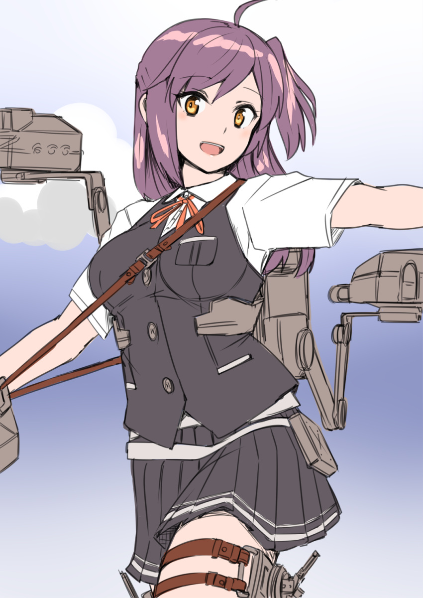 30-06 adapted_turret ahoge anti-aircraft anti-aircraft_gun between_breasts black_skirt black_vest blouse blue_sky breasts cannon cloud cloudy_sky collared_shirt cowboy_shot eyebrows_visible_through_hair gloves hagikaze_(kancolle) hair_between_eyes highres kantai_collection kerchief long_hair looking_at_viewer machinery medium_breasts neck_ribbon one_side_up open_mouth pleated_skirt purple_hair red_ribbon ribbon shirt short_sleeves skirt sky strap_between_breasts torpedo_launcher turret vest white_gloves white_shirt yellow_eyes