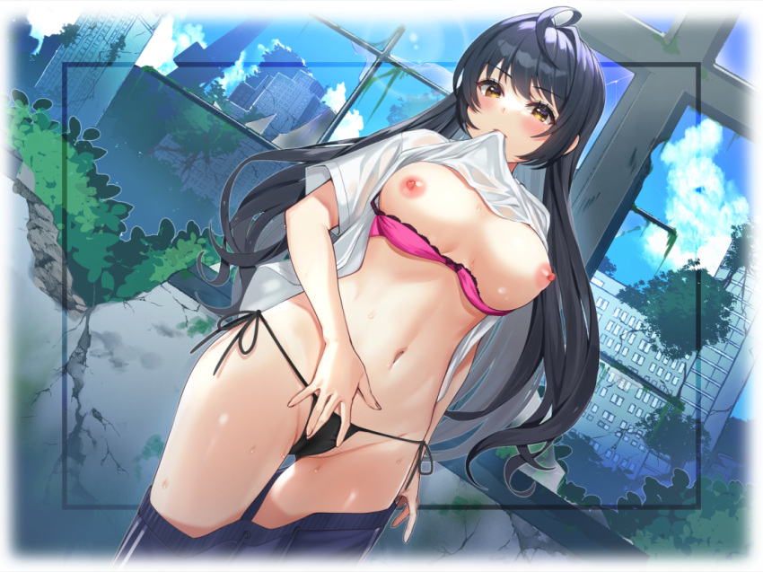 1girl ahoge ass_visible_through_thighs bangs black_hair black_panties blue_shorts blue_sky bra bra_pull breasts breasts_out broken_window clothes_lift clothes_pull day dutch_angle eyebrows_visible_through_hair groin indoors kirushi_(killcy) large_breasts lifted_by_self long_hair looking_at_viewer mouth_hold navel nipples original panties pink_bra ruins shirt_lift short_sleeves shorts shorts_pull side-tie_panties sky solo stomach sweat underwear very_long_hair yellow_eyes