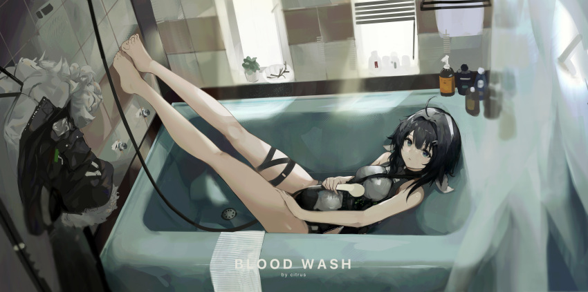 1girl absurdres ahoge arknights artist_name bathtub black_hair black_jacket black_shorts blue_eyes citrus_(pixiv_32844232) feet_up full_body fur-trimmed_jacket fur_trim grey_shirt hair_between_eyes hair_intakes hair_ornament hairclip highres jacket jacket_removed la_pluma_(arknights) looking_at_viewer lying on_back shampoo_bottle shirt short_hair shorts solo thigh_strap