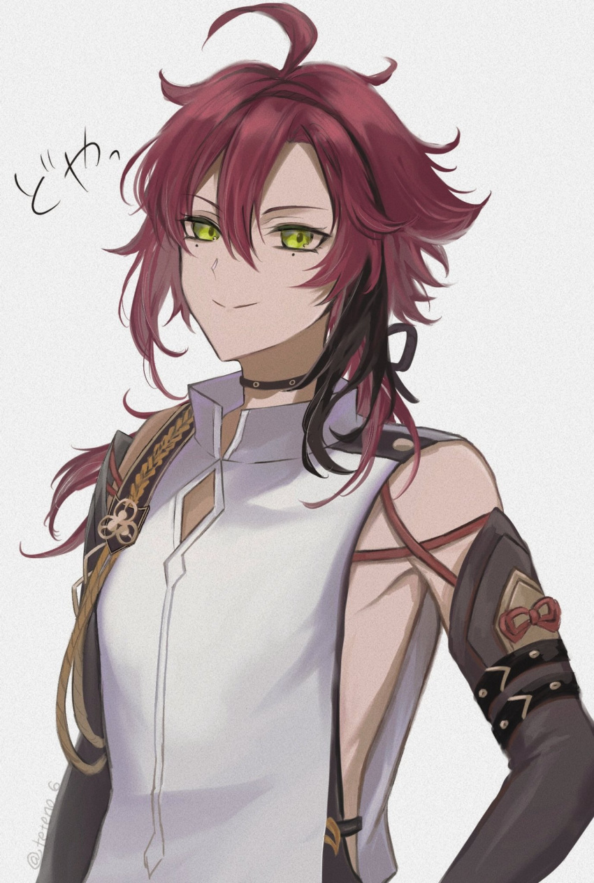 1boy ahoge aiguillette armor black_choker brown_hair choker genshin_impact green_eyes highres japanese_armor kote kurokote long_hair looking_at_viewer low_ponytail mole mole_under_eye pasutagasuki red_hair shikanoin_heizou sleeveless smile teteno_6