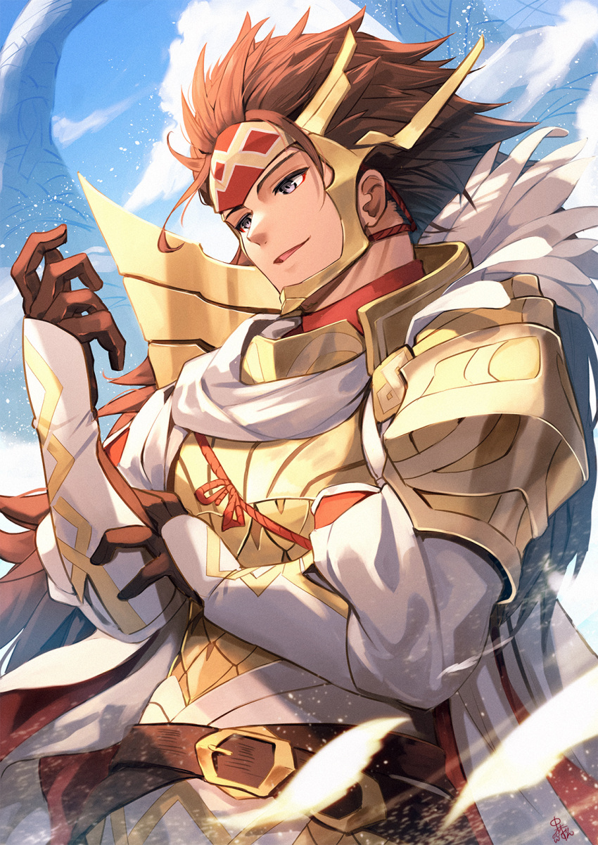 1boy armor belt blue_sky brown_gloves brown_hair feathers fire_emblem fire_emblem_fates fire_emblem_heroes gloves grey_eyes highres japanese_armor long_coat long_hair mask nakabayashi_zun official_alternate_costume outdoors pants red_shirt ryoma_(fire_emblem) shirt shoulder_armor sky smile solo spiked_hair very_long_hair white_pants