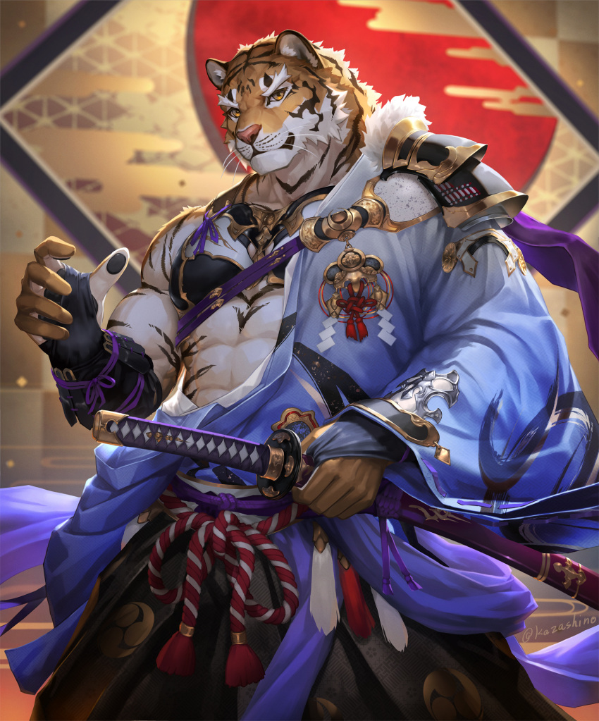 abs asian_clothing brown_body brown_fur chinese_zodiac clothing east_asian_clothing felid fur hi_res holidays japanese_clothing katana kazashino looking_at_viewer male mammal melee_weapon muscular new_year pantherine pawpads pecs solo stripes sword tiger weapon whiskers year_of_the_tiger