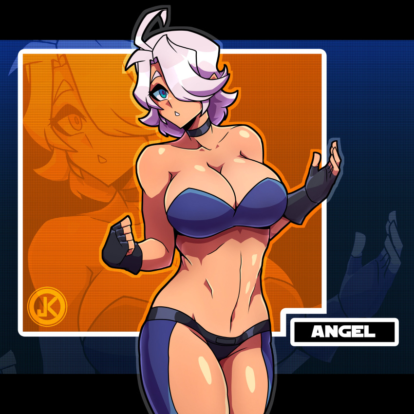 1girl absurdres ahoge angel_(kof) bangs bare_shoulders black_choker blue_eyes bra breasts chaps choker cleavage collarbone fingerless_gloves gloves hair_between_eyes hair_over_one_eye highres jizuz_kord large_breasts looking_at_viewer navel open_mouth snk solo strapless strapless_bra the_king_of_fighters toned underwear video_game