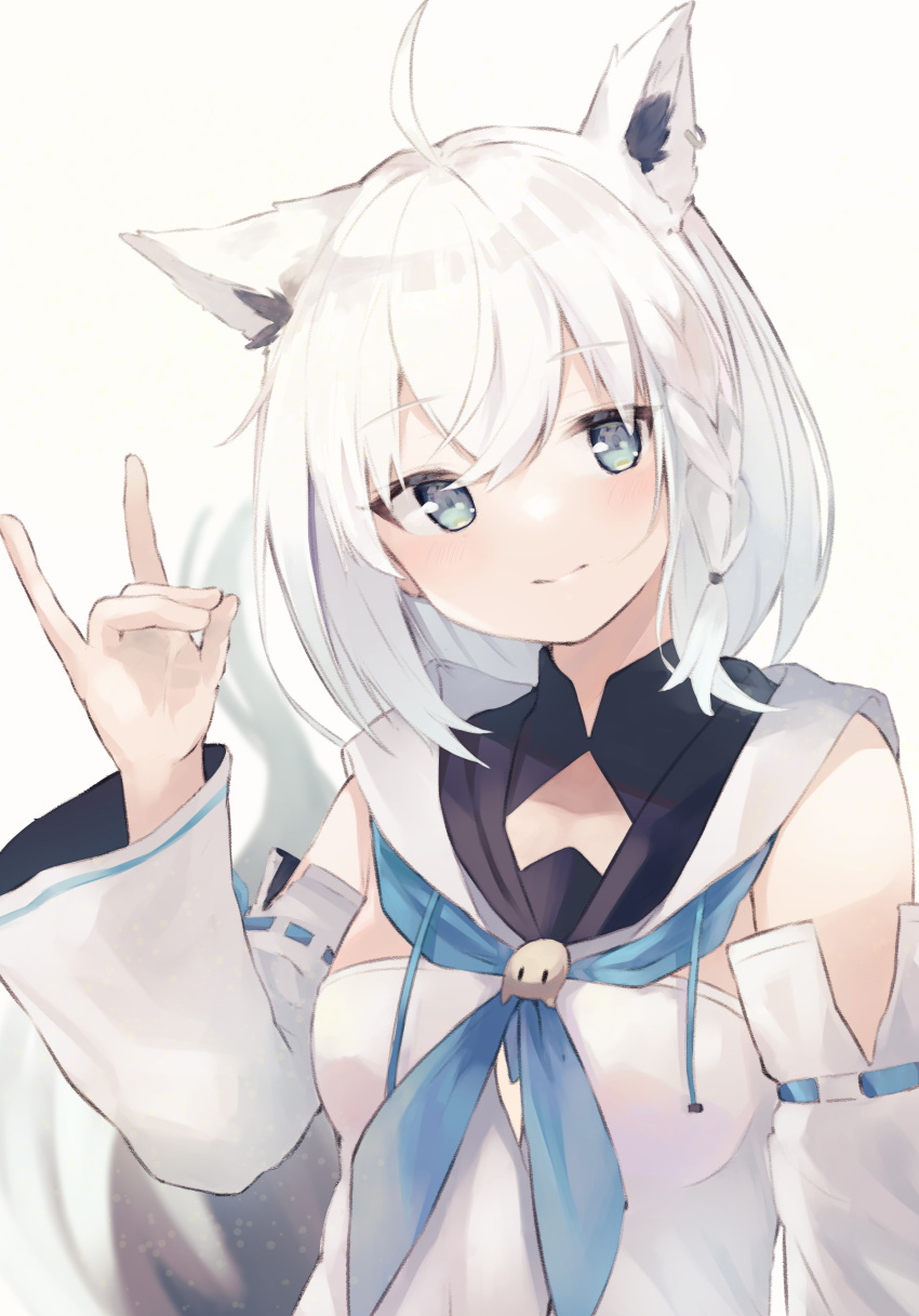 1girl absurdres ahoge animal_ears breasts detached_sleeves fox_ears fox_shadow_puppet fox_tail highres hololive long_hair long_sleeves looking_at_viewer shirakami_fubuki small_breasts smile solo tail virtual_youtuber white_background yumi2836