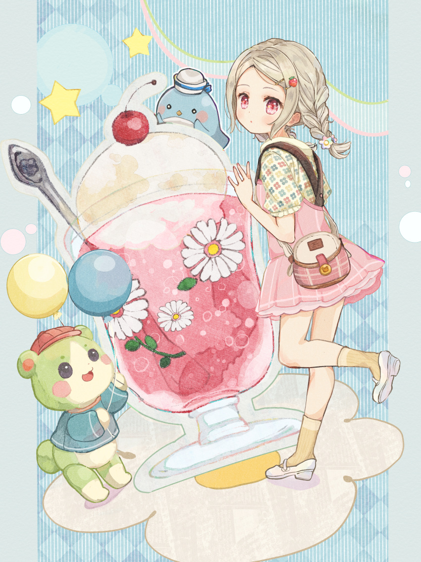 1girl absurdres bag balloon bangs blush_stickers braid brown_hair calf_socks cherry daisy drink floral_print flower food food-themed_hair_ornament fruit hacosumi hair_ornament hairclip hand_up highres ice_cream ice_cream_float layered_skirt looking_at_viewer mary_janes medium_hair original oversized_food parted_bangs parted_lips pink_eyes puffy_short_sleeves puffy_sleeves shoes short_sleeves shoulder_bag skirt soda solo spoon standing standing_on_one_leg strawberry_hair_ornament stuffed_animal stuffed_penguin stuffed_toy suspender_skirt suspenders teddy_bear twin_braids
