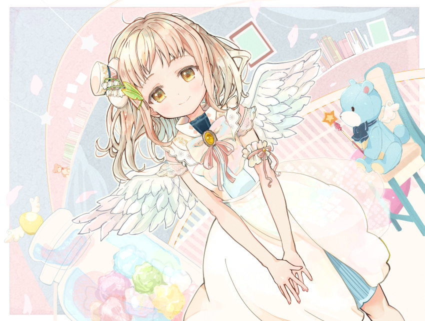 1girl absurdres angel angel_wings arm_garter armband bangs blonde_hair blush bookshelf bow brooch candy detached_sleeves dress flower food frills hacosumi hair_flower hair_ornament hat high_collar highres indoors jar jewelry konpeitou layered_dress lily_of_the_valley looking_at_viewer medium_hair mini_hat nail_polish original own_hands_together ribbon short_bangs short_sleeves sleeveless sleeveless_dress smile solo stuffed_animal stuffed_toy teddy_bear top_hat v_arms wings yellow_eyes