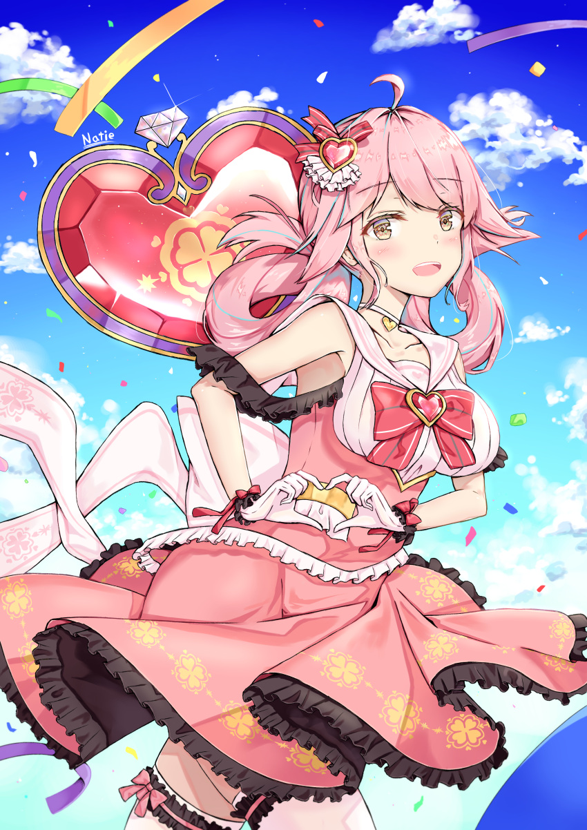 1girl absurdres alternate_costume armpits black_survival blush breasts brown_eyes collarbone cowboy_shot curly_hair dress eleven_(black_survival) gem gloves hair_ornament heart heart_hands highres looking_at_viewer magical_girl medium_breasts natie open_mouth pink_dress pink_hair solo teeth thighhighs upper_teeth white_gloves zettai_ryouiki