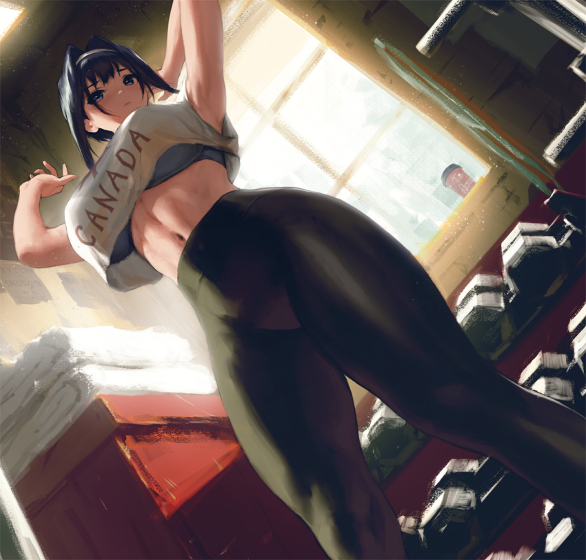 1girl armpits arms_up bangs bare_arms black_hair black_pants blue_bra bra breasts cleavage clothes_writing crop_top dutch_angle feet_out_of_frame from_below hair_intakes hololive hololive_english indoors infi large_breasts looking_away midriff navel ouro_kronii pants shirt short_hair sidelocks sleeveless sleeveless_shirt solo standing swimsuit underwear virtual_youtuber white_shirt window