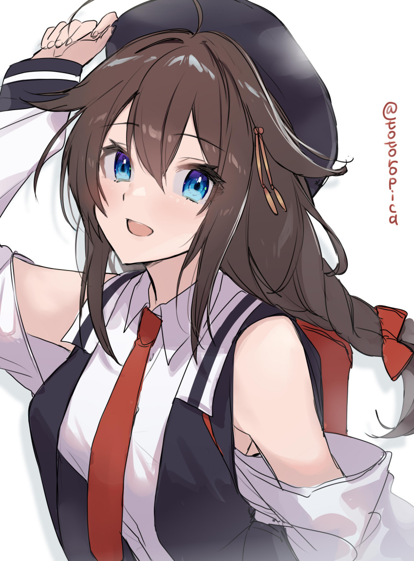 1girl absurdres ahoge arm_up backpack bag bare_shoulders beret blue_eyes bow braid brown_hair collared_shirt detached_sleeves hair_bow hair_flaps hat highres kantai_collection long_hair necktie official_alternate_costume one-hour_drawing_challenge open_clothes open_mouth open_vest picoli1313 red_bow red_necktie shigure_(kancolle) shirt solo twitter_username vest white_shirt