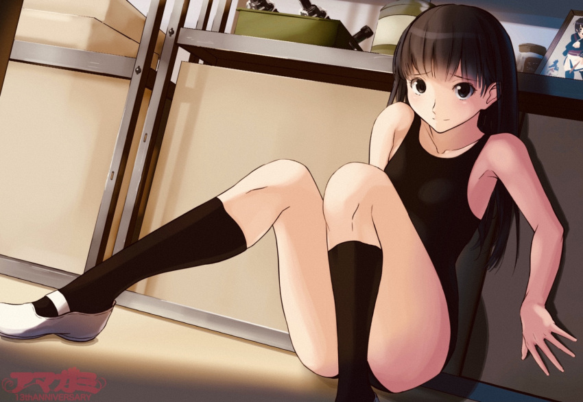 1girl amagami anniversary ass ayatsuji_tsukasa bangs black_eyes black_hair black_legwear black_swimsuit box canister cardboard_box collarbone commentary copyright_name eyepiece irodori-classical jar kneehighs knees_together_feet_apart knees_up light_smile long_hair looking_at_viewer on_ground one-piece_swimsuit photo_(object) raised_eyebrows shelf shoes sitting smile socks solo swimsuit translated tray uwabaki