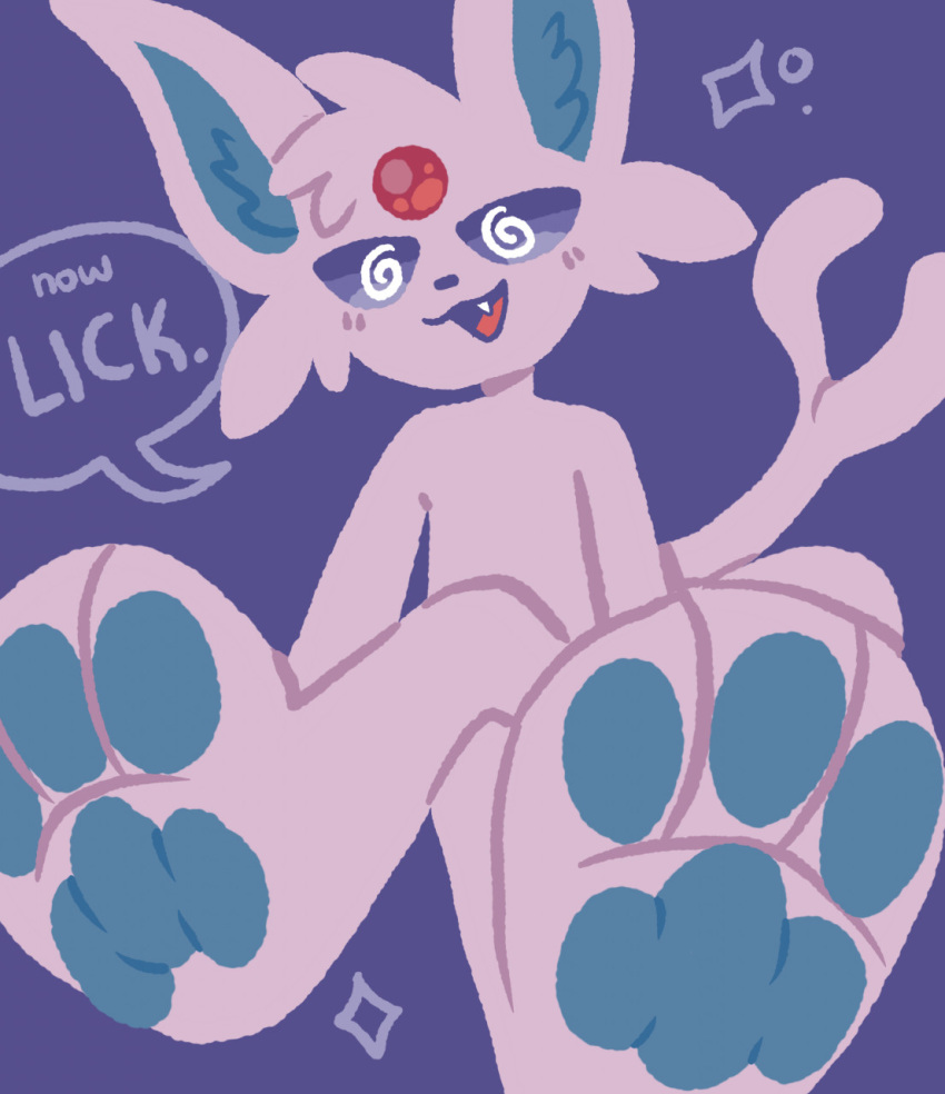 2021 3_toes ambiguous_gender anthro barefoot blush blush_lines cheek_tuft colored_sclera command command_to_clean crossed_legs dialogue digital_drawing_(artwork) digital_media_(artwork) eeveelution english_text espeon facial_tuft fangs feet foot_fetish foot_focus forked_tail fur gem head_gem hi_res hindpaw hypnosis hypnotic_eyes hypnotizing_viewer inner_ear_fluff lineless looking_at_viewer mind_control nintendo nude open_mouth open_smile pawpads paws pechaberry pok&eacute;mon pok&eacute;mon_(species) purple_background purple_body purple_ears purple_eyes purple_fur semi-anthro simple_background simple_coloring simple_nose smile smiling_at_viewer solo sparkles speech_bubble spiral_eyes talking_to_viewer teal_pawpads text toes tongue tuft tufted_fur unusual_anatomy unusual_tail video_games
