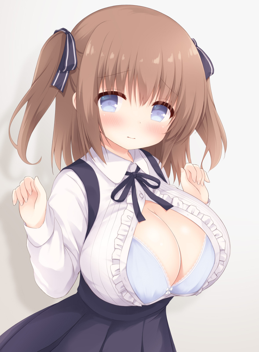 1girl arms_up bangs black_dress blue_bra blue_eyes blush bra breasts brown_hair cleavage closed_mouth collared_shirt commentary_request dress eyebrows_visible_through_hair hair_ribbon highres large_breasts long_hair long_sleeves looking_at_viewer meme_attire oppai_loli original popped_button ribbon shirt simple_background solo standing twintails underwear upper_body virgin_killer_outfit white_shirt yuu_(yumezakura)