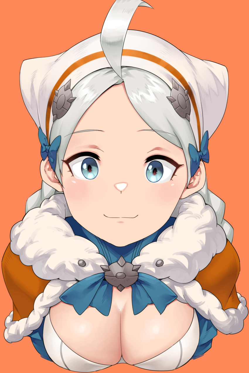 1girl absurdres ahoge alternate_costume annette_fantine_dominic annette_fantine_dominic_(cosplay) bangs blue_eyes bow braid breasts cleavage closed_mouth commission commissioner_upload cosplay eyebrows_visible_through_hair fire_emblem fire_emblem:_three_houses fire_emblem_fates fire_emblem_warriors:_three_hopes fluffy grey_hair highres igni_tion looking_at_viewer medium_breasts nina_(fire_emblem) non-web_source orange_background solo twin_braids upper_body