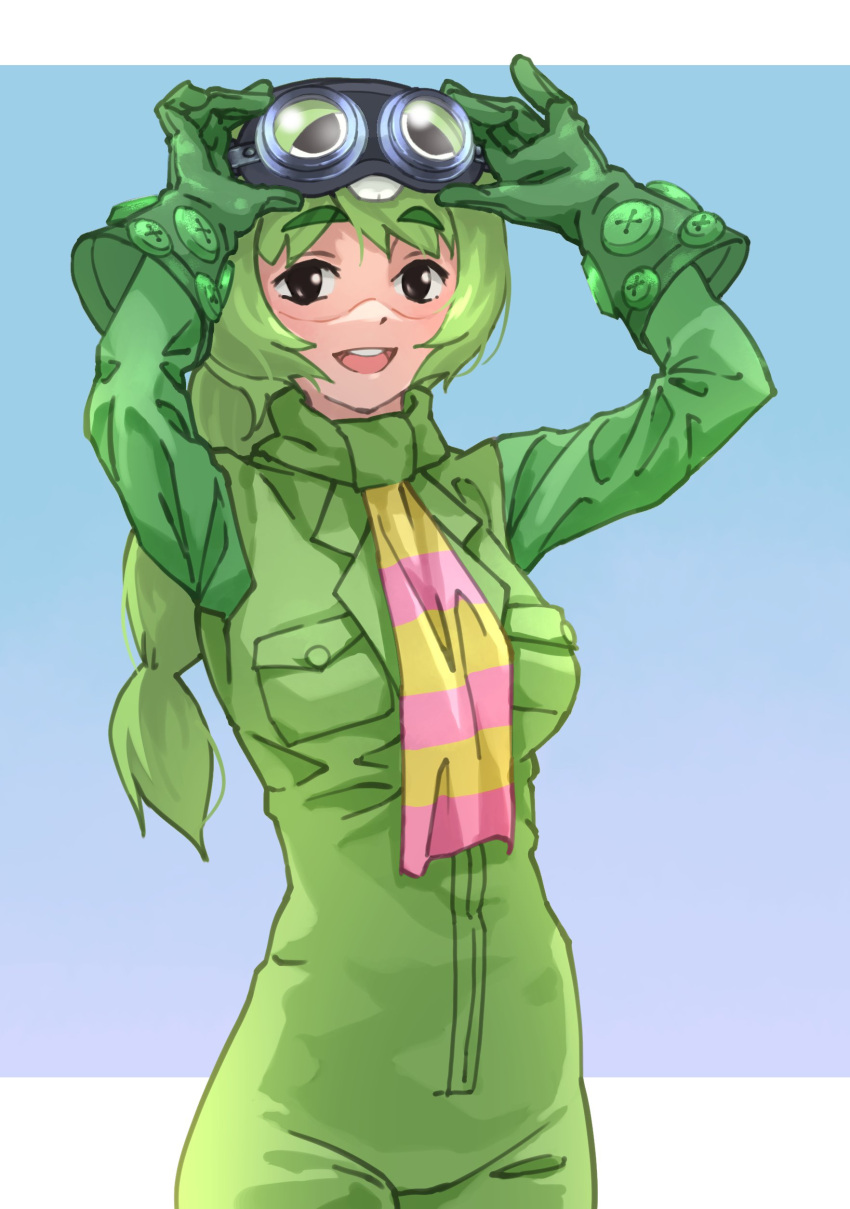 1girl :d absurdres arms_up black_eyes blue_background breast_pocket buttons commentary cowboy_shot eyebrows_visible_through_hair gachapin gloves goggles goggles_on_head gradient gradient_background green_gloves green_hair green_jumpsuit highres hirake!_ponkikki jumpsuit kemono_friends long_hair long_sleeves looking_at_viewer necktie open_mouth personification pocket simple_background smile solo striped_necktie tanabe_(fueisei) teeth upper_teeth