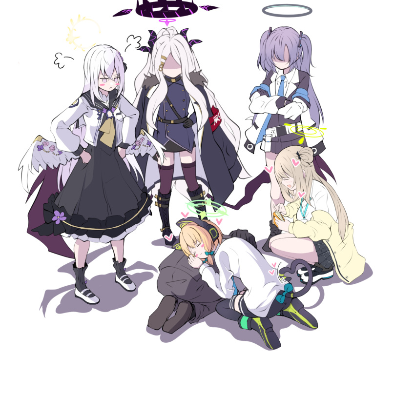 1boy 5girls :d ^_^ ahoge angry animal_ears armband azusa_(blue_archive) bangs belt black_coat black_footwear black_gloves black_hair black_legwear black_skirt blue_archive blush_stickers boots bow brown_hair business_suit cat_ears cat_girl cat_tail closed_eyes coat coat_on_shoulders collared_shirt commentary_request crossed_arms demon_girl demon_horns demon_wings dogeza eyebrows_visible_through_hair fake_animal_ears feathered_wings flower forehead formal frilled_skirt frills fur-trimmed_coat fur_trim gloves hair_bow hair_flower hair_ornament hair_ribbon hairclip halo hand_on_hip hands_on_hips headphones heart heart_tail highres hina_(blue_archive) horns jacket knee_boots light_brown_hair long_hair long_sleeves lying_on_person mary_janes midori_(blue_archive) military military_uniform multiple_girls necktie nonomi_(blue_archive) off_shoulder one_side_up parted_bangs pencil_skirt plaid plaid_skirt pleated_skirt ponytail purple_eyes purple_hair purple_legwear ribbon school_uniform seiza sensei_(blue_archive) serafuku shirt shoes short_hair short_sleeves sidelocks simple_background sitting skirt smile socks squatting standing suit tail tail_ornament tail_ribbon thighhighs thighs tonomiya68 tress_ribbon two_side_up uniform white_background white_coat white_footwear white_hair white_wings wings yuuka_(blue_archive) zettai_ryouiki