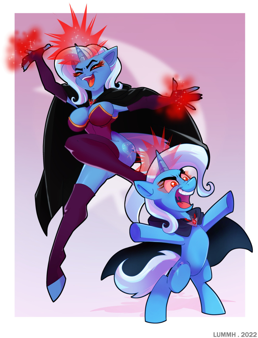 abstract_background absurd_res alicorn_amulet anthro armwear big_breasts breasts cape clothing duo equid equine female feral friendship_is_magic glowing glowing_eyes gradient_background hi_res horn legwear lummh magic magic_user mammal my_little_pony simple_background trixie_(mlp) unicorn